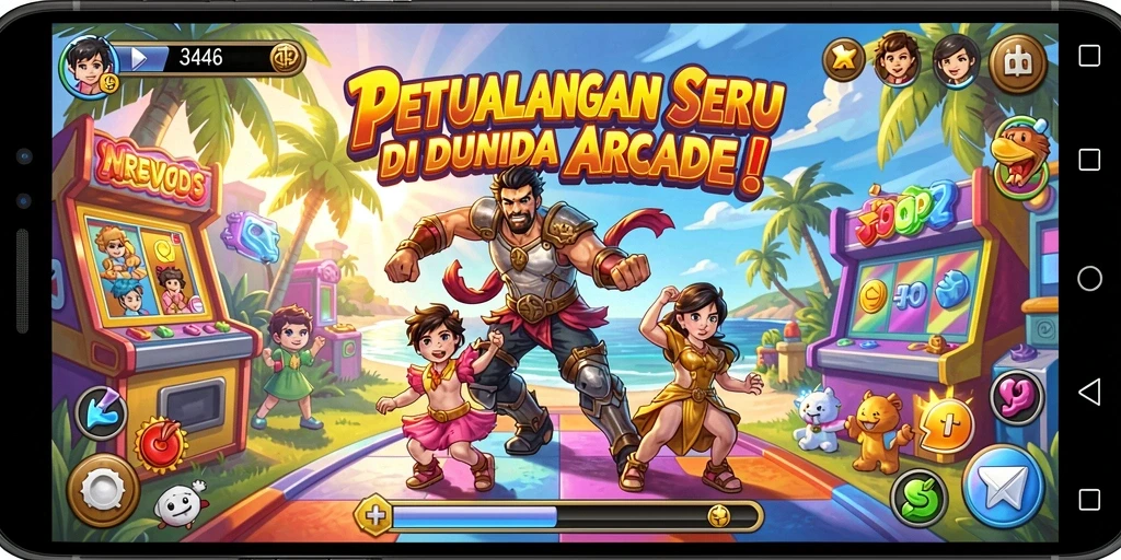 Tangkapan layar dari gameplay 3446 menampilkan karakter beraksi dalam level penuh warna.