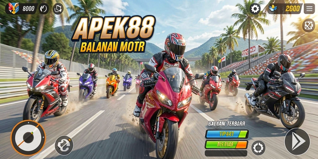 Tampilan screenshot APEK88 yang menunjukkan aksi balapan motor yang intens.