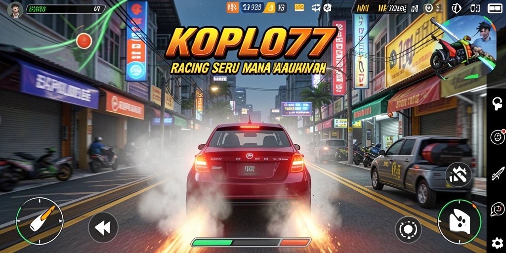 Tampilan gameplay menarik dari KOPLO77 saat balapan di lintasan.