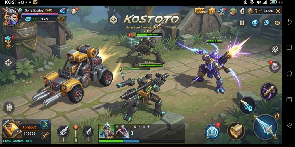 Tangkapan layar gameplay KOSTOTO menunjukkan aksi strategi yang intens.