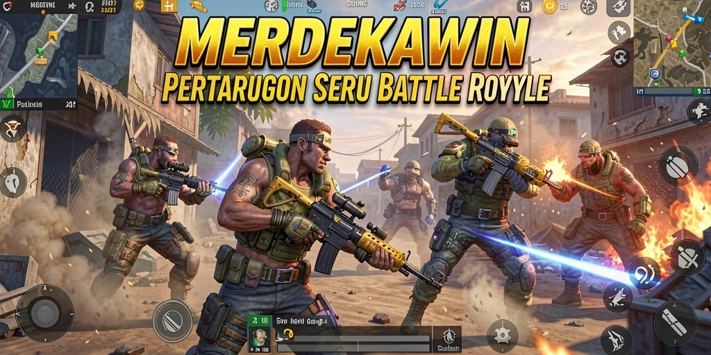 Screenshot gameplay MERDEKAWIN menampilkan aksi Battle Royale yang menegangkan.