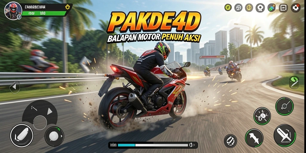 Screenshot gameplay PAKDE4D menampilkan aksi balapan motor yang mendebarkan.