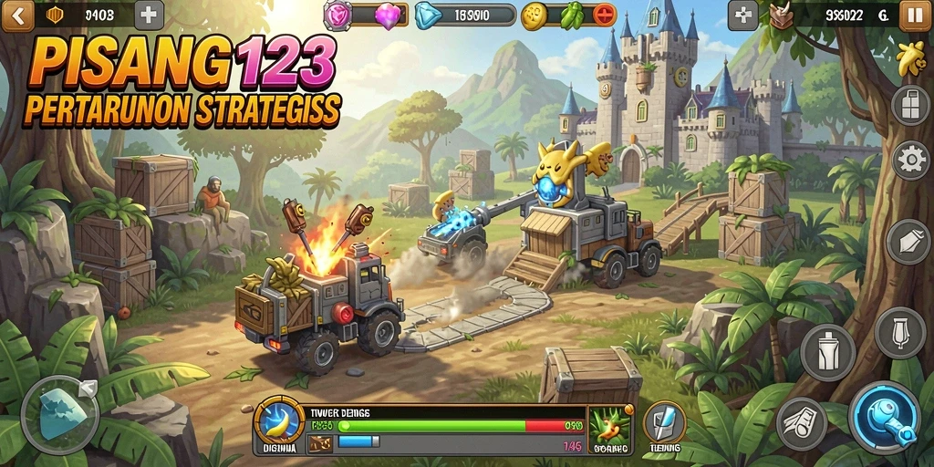 Tangkapan layar dari gameplay PISANG123 yang menunjukkan pertahanan menara.
