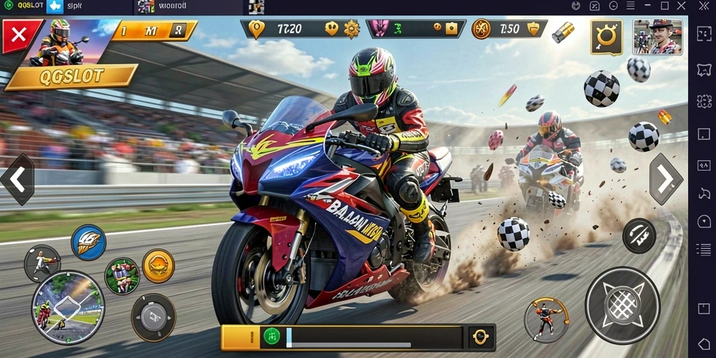 Screenshot gameplay QQSLOT menunjukkan aksi balapan motor yang mendebarkan.