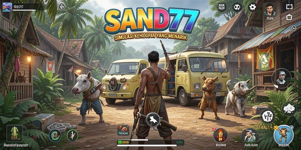 Tampilan gameplay SAND77 dengan berbagai karakter dan lingkungan yang hidup.